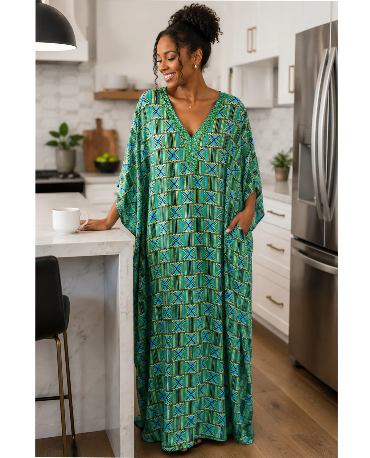 Elegant Emily Short Sequin Neck Caftan
