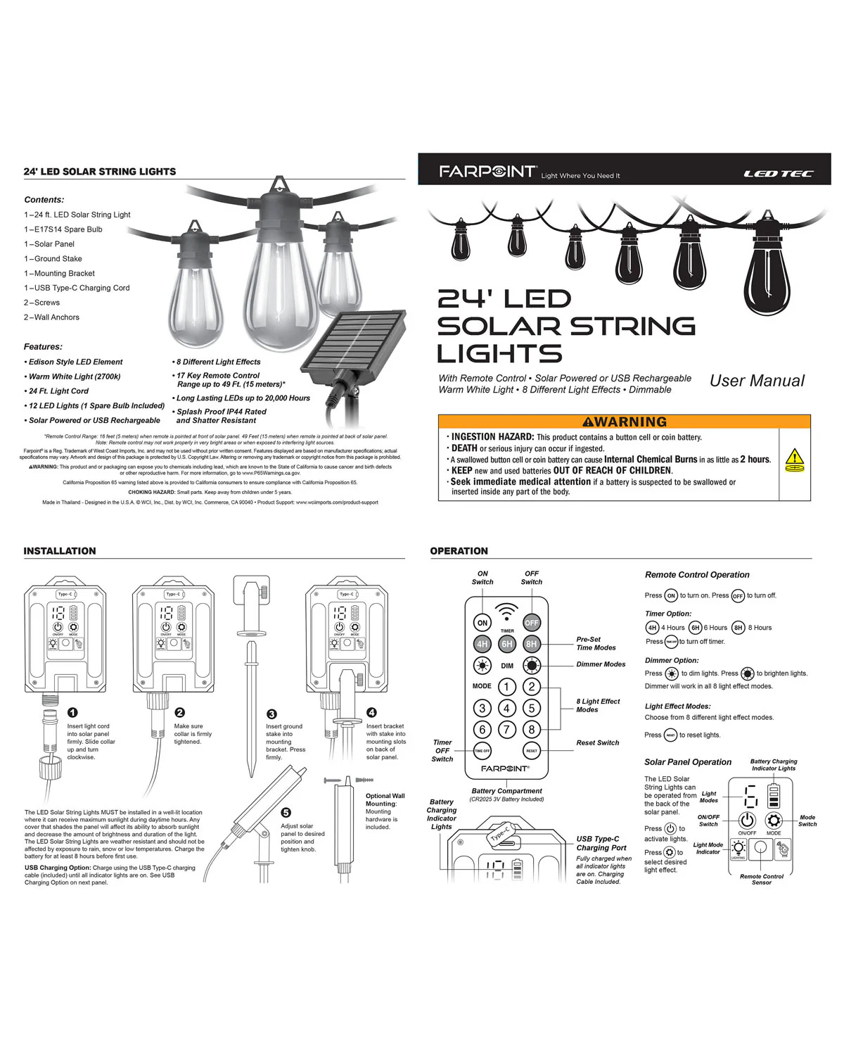 24ft 12 Bulb Solar/USB-C String Lights - Image 3