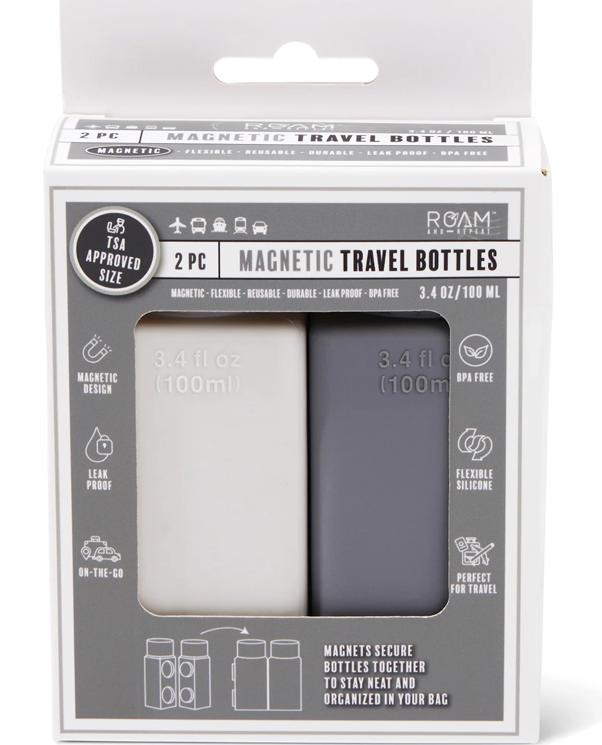 2PC Magnetic Travel Bottles Gray/White
