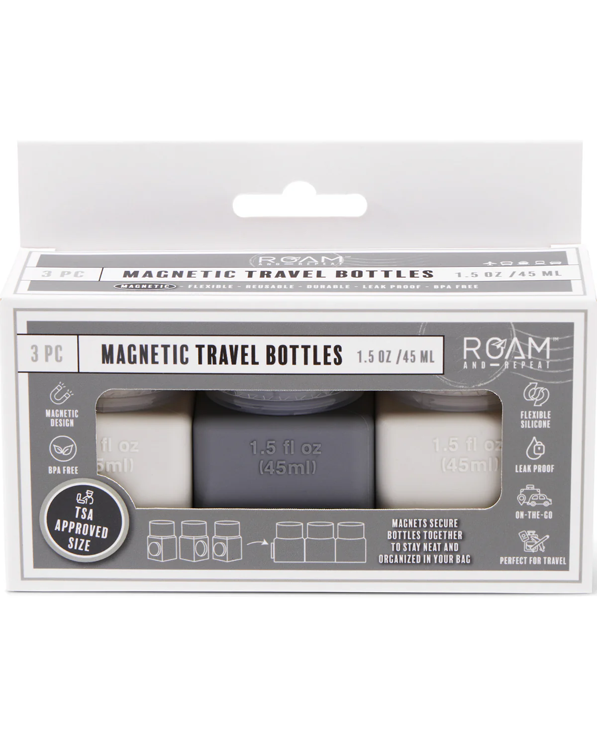 3PC Magnetic Travel Bottles Gray/White