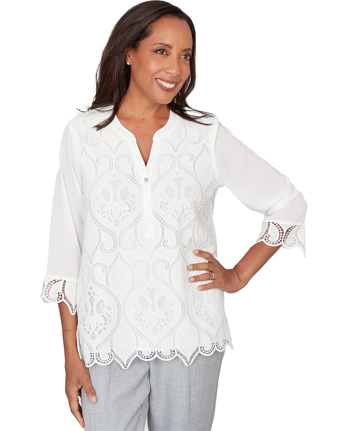 Alfred Dunner Al Fresco Cutout Lace Front Blouse White