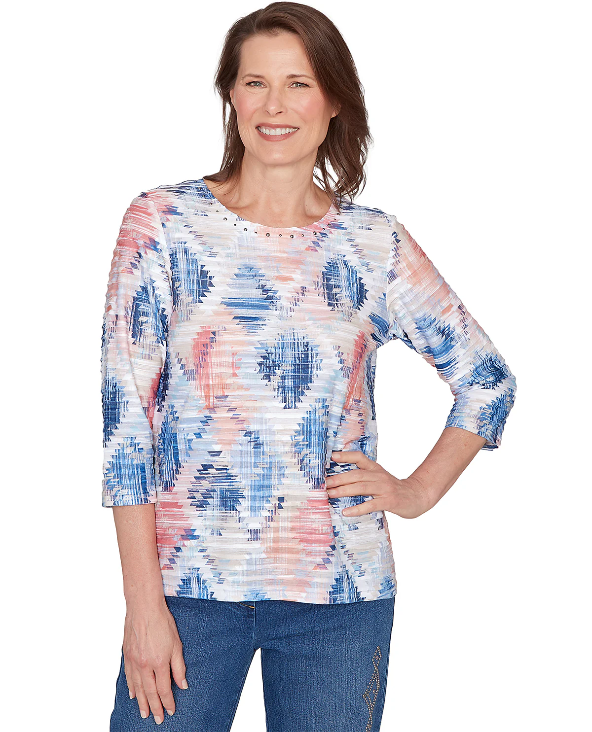 Alfred Dunner Austin Aztec Diamond Knit Top Blue Multi