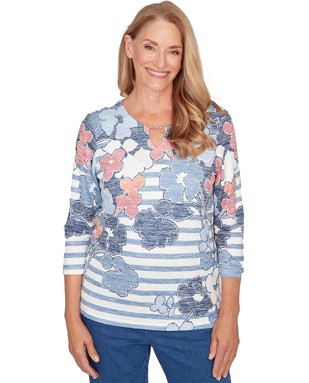 Alfred Dunner Austin Striped Floral Knit Top Blue