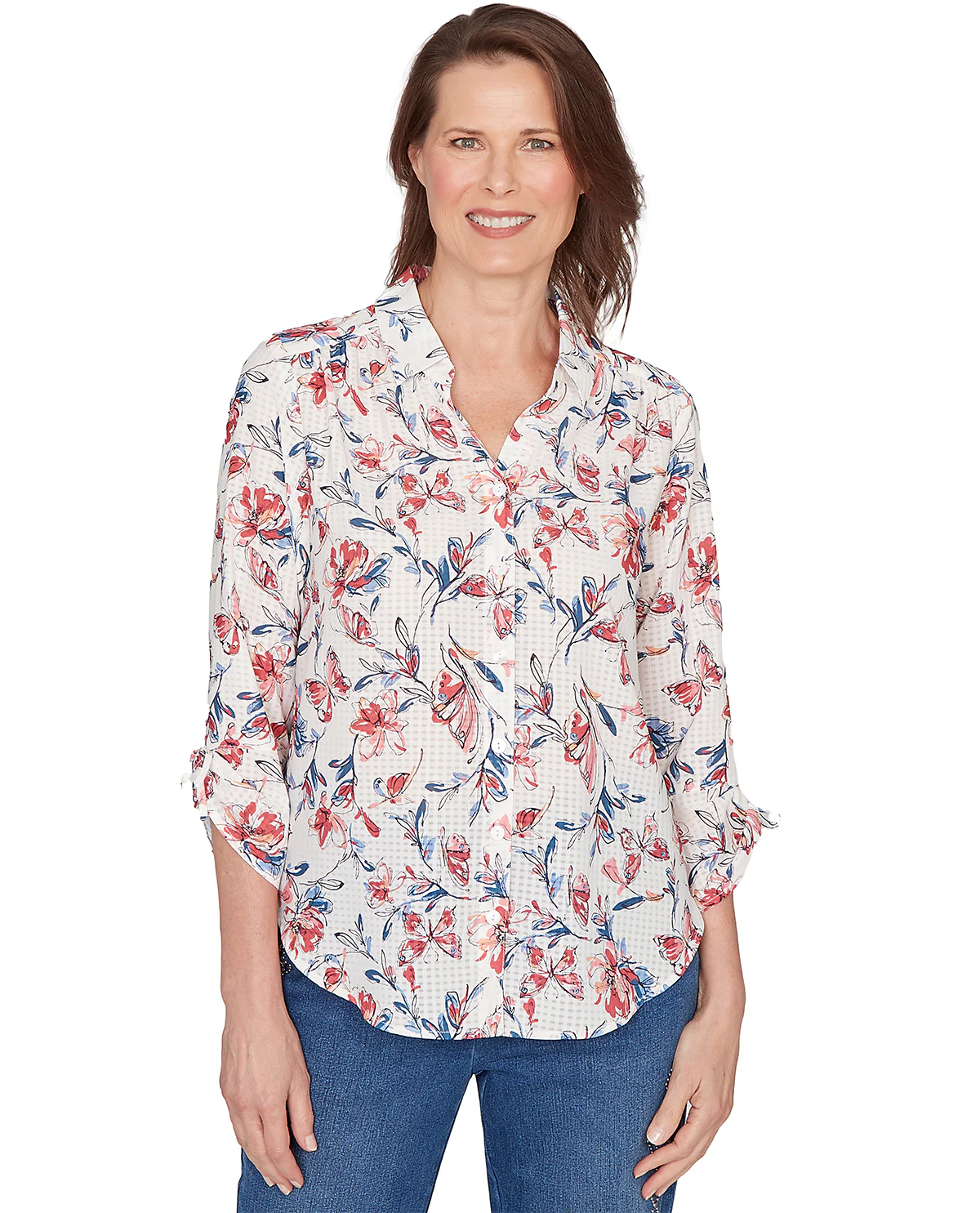 Alfred Dunner Petite Austin Etched Floral Butterfly Top Azalea