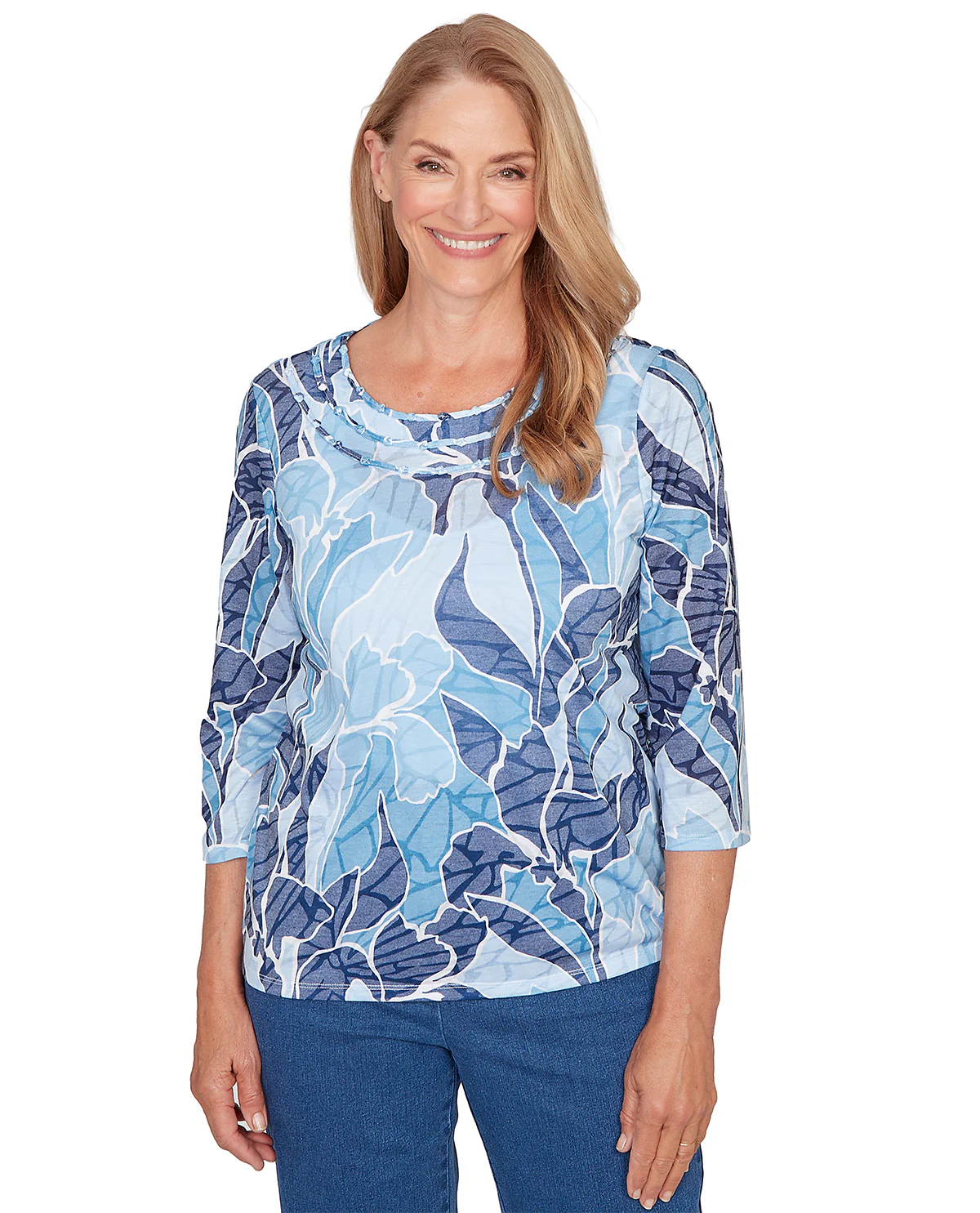 Alfred Dunner Petite Austin Monotone Patch Top Blue