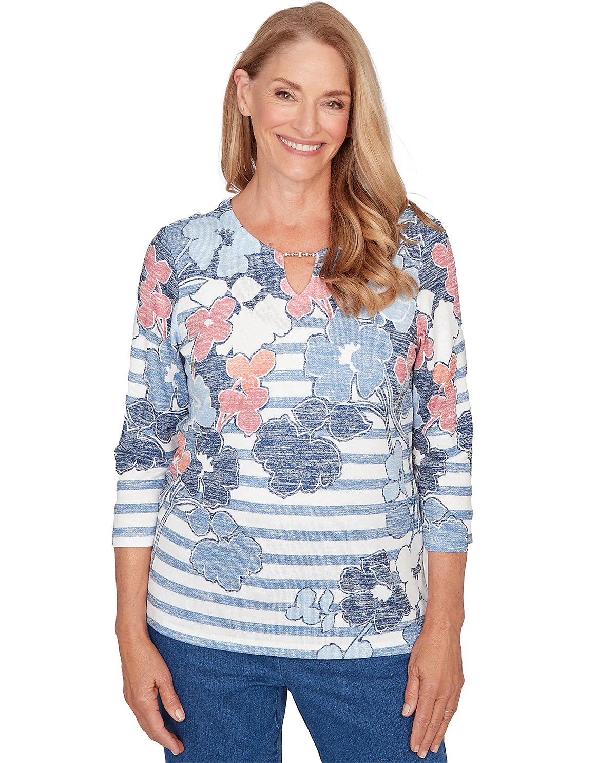 Alfred Dunner Petite Austin Stripe Floral Top Blue