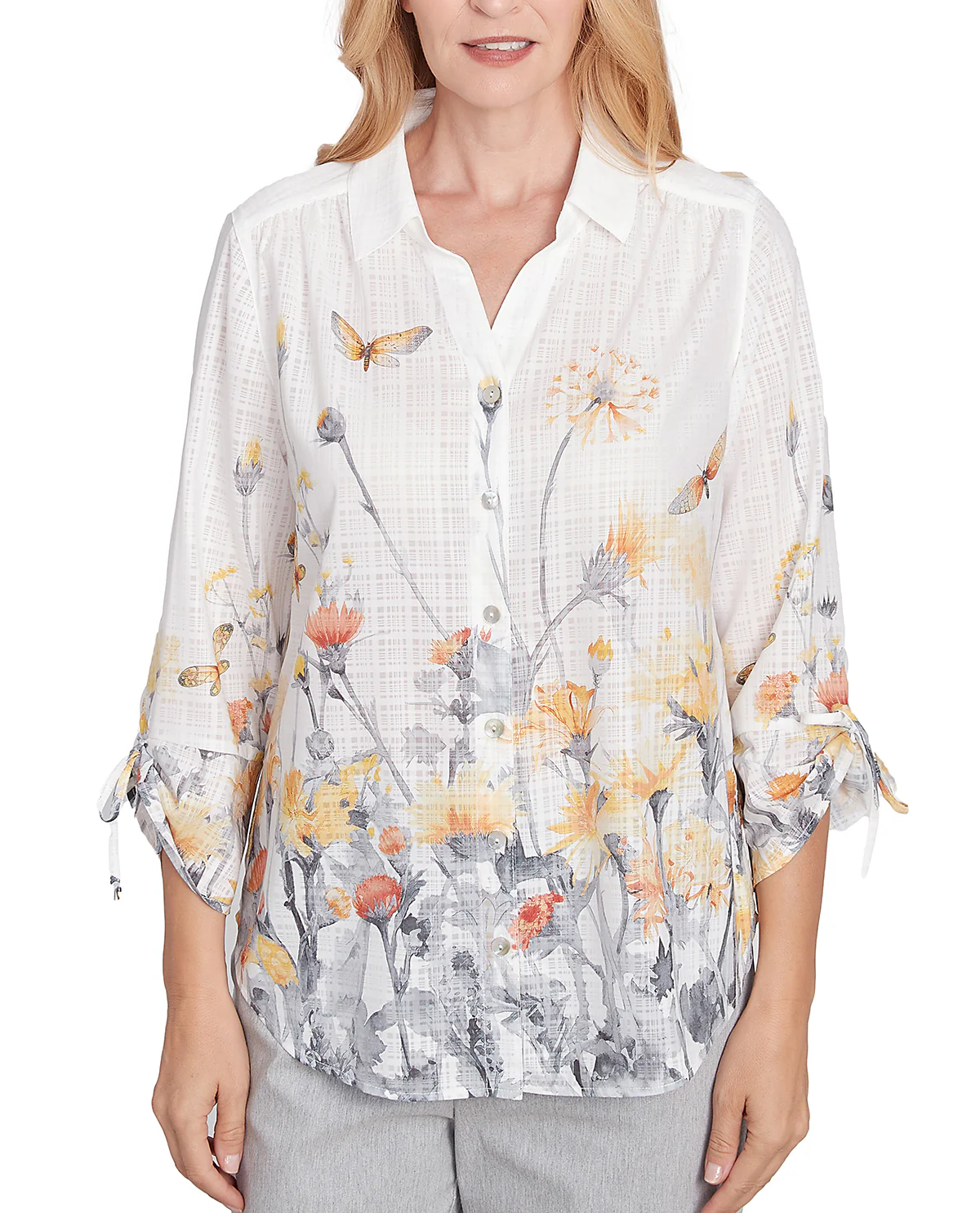 Alfred Dunner Dress Code Petite Butterfly Floral Top White