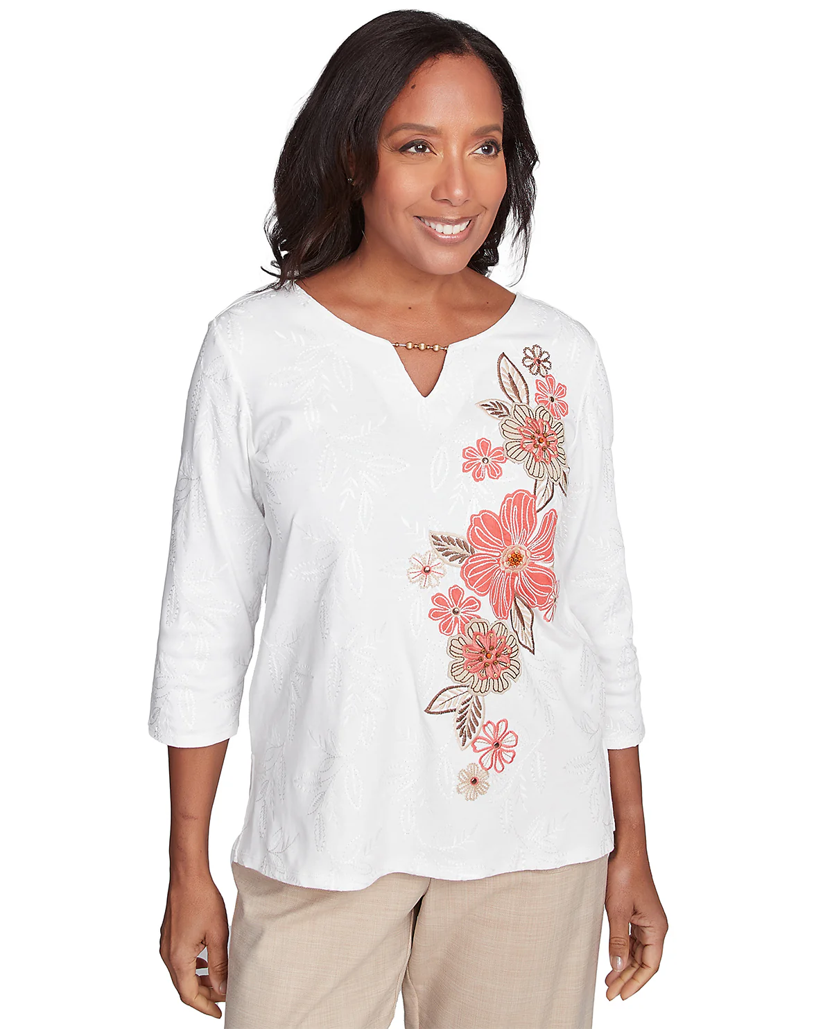 Alfred Dunner Catalina Island Embroidered Flowers Top White