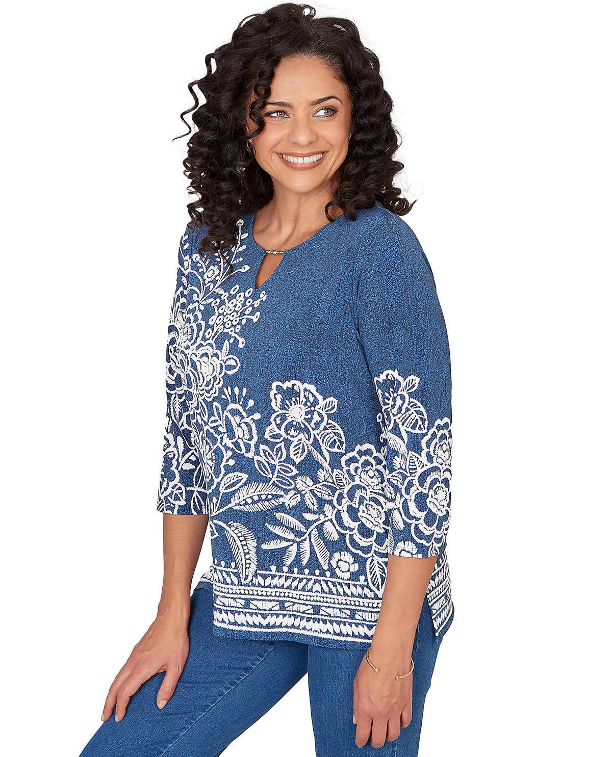 Alfred Dunner Pastel Story Etched Floral Top Denim