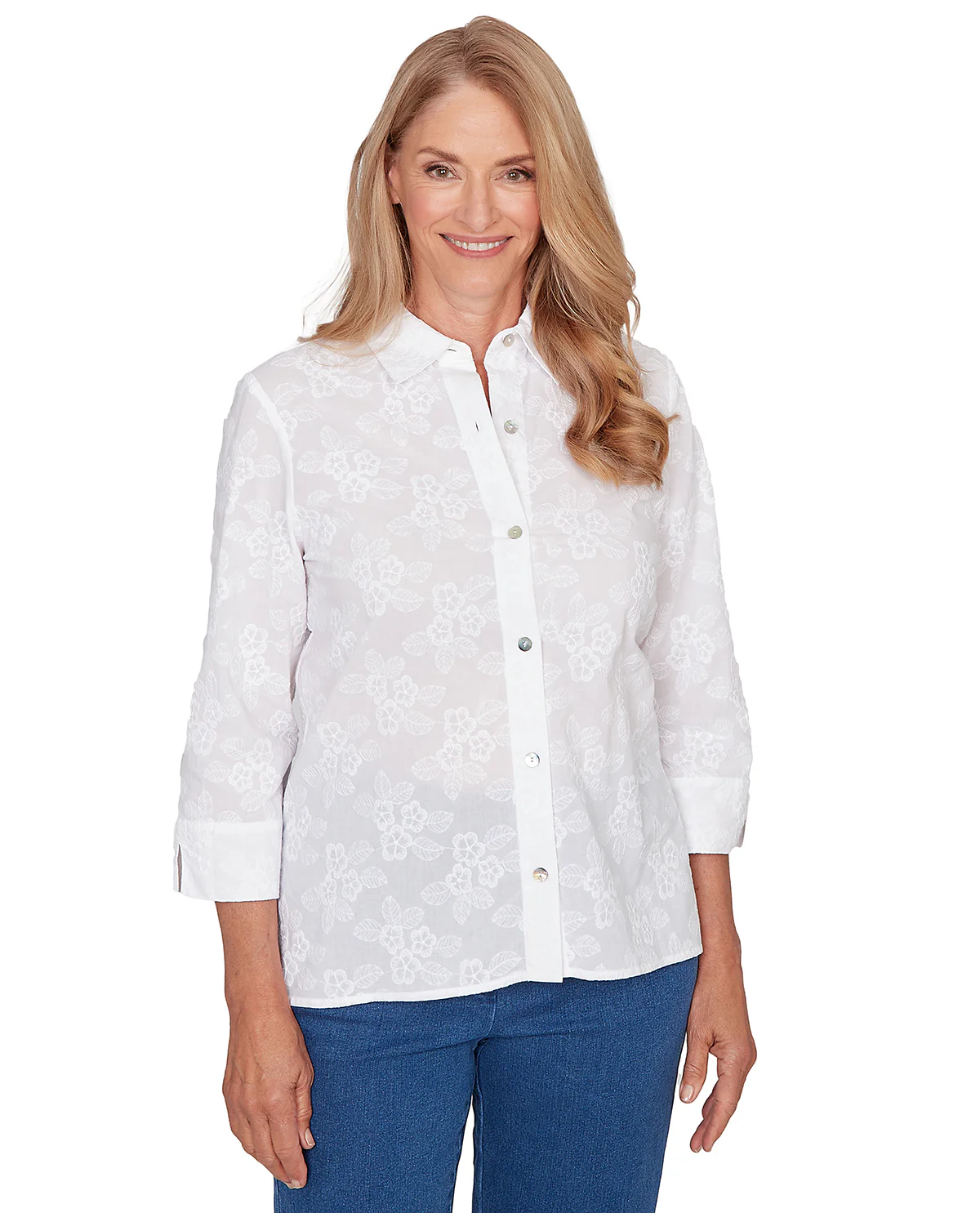 Alfred Dunner Pastel Story Flower Embroidery Top White