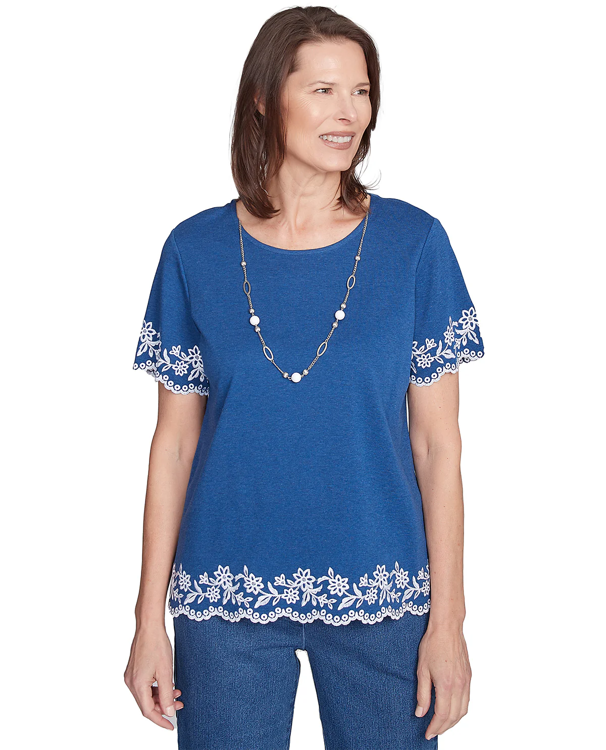 Alfred Dunner Flower Power Embroidered Border Knit Top Navy