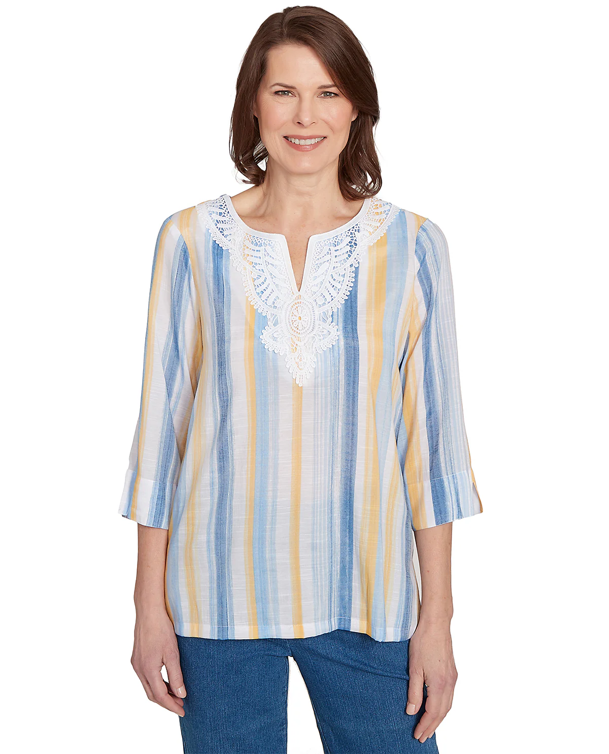Alfred Dunner Flower Power Striped Lace Neck Top Blue Multi