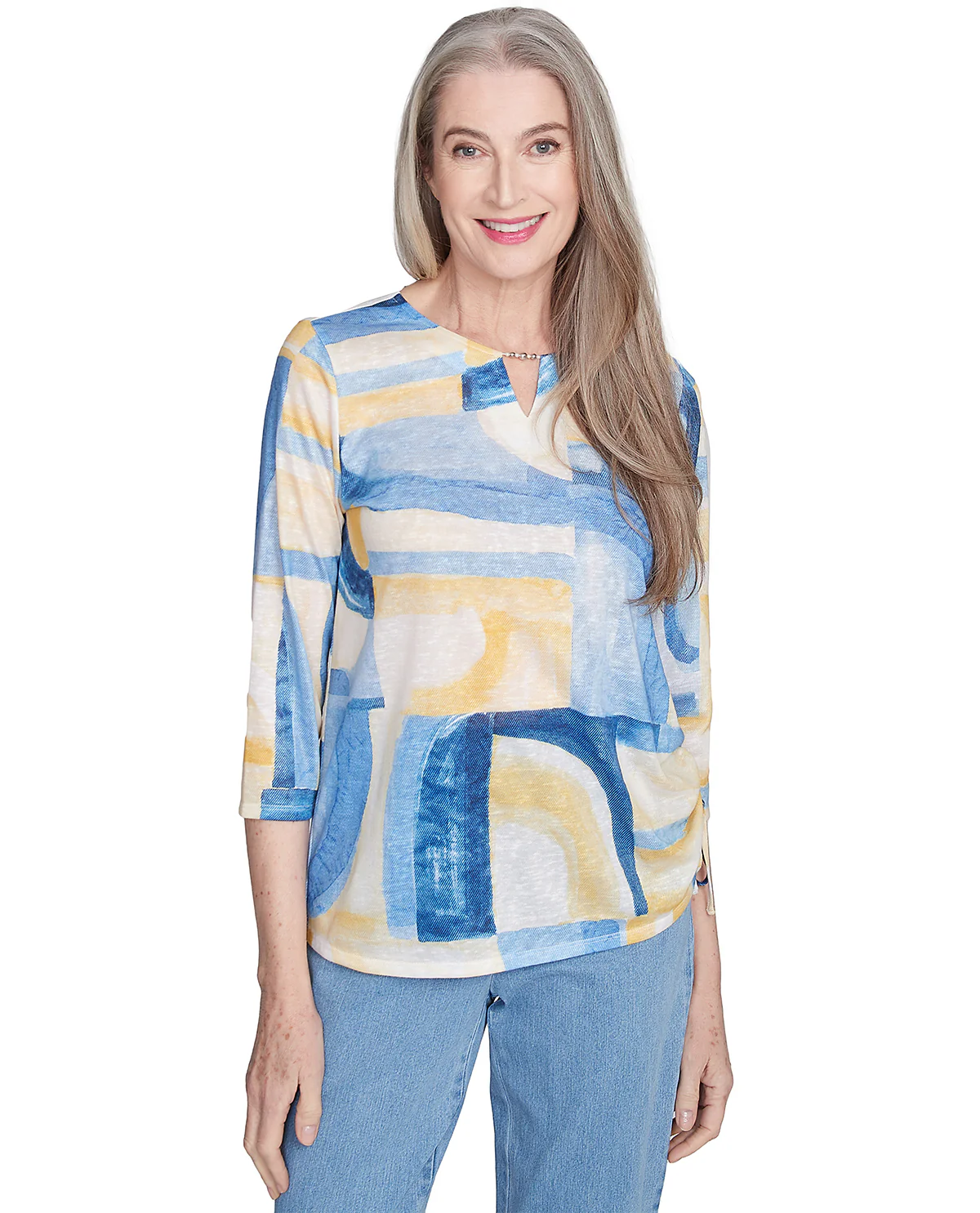 Alfred Dunner Flower Power Watercolor Patchwork Top Blue Multi