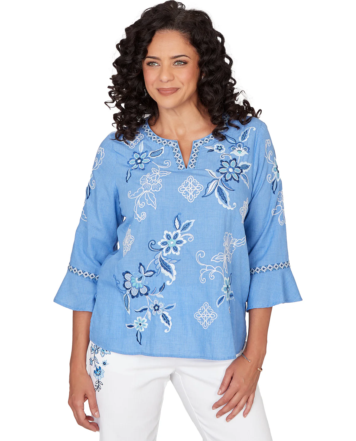 Alfred Dunner Mykonos Floral Embroidered Top Lt Blue