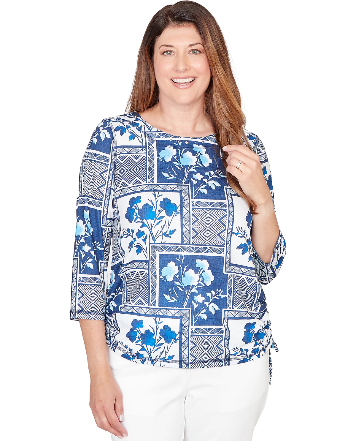 Alfred Dunner Mykonos Framed Floral Knit Top Blue
