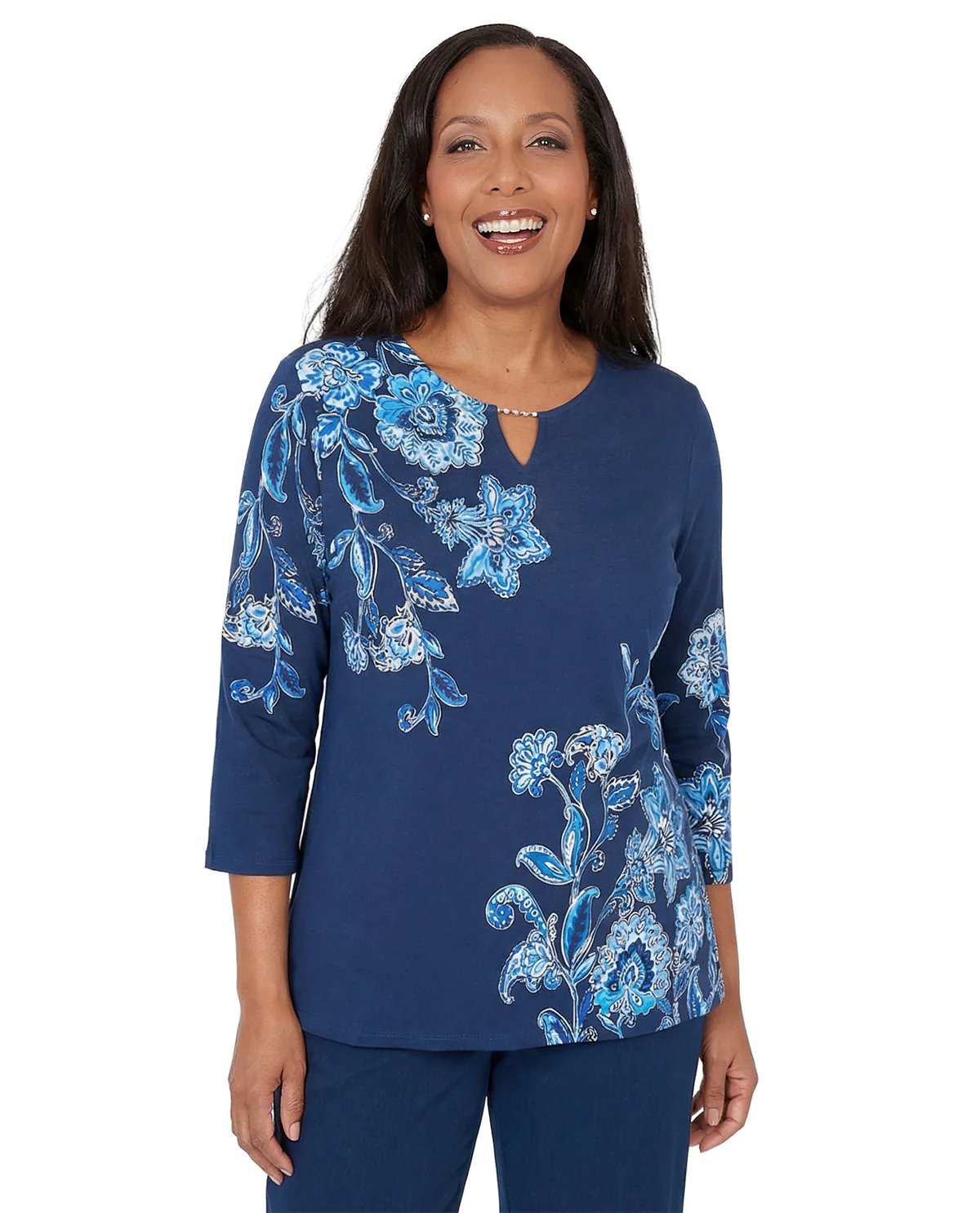 Alfred Dunner Petite Mykonos Asymmetric Floral Top Blue