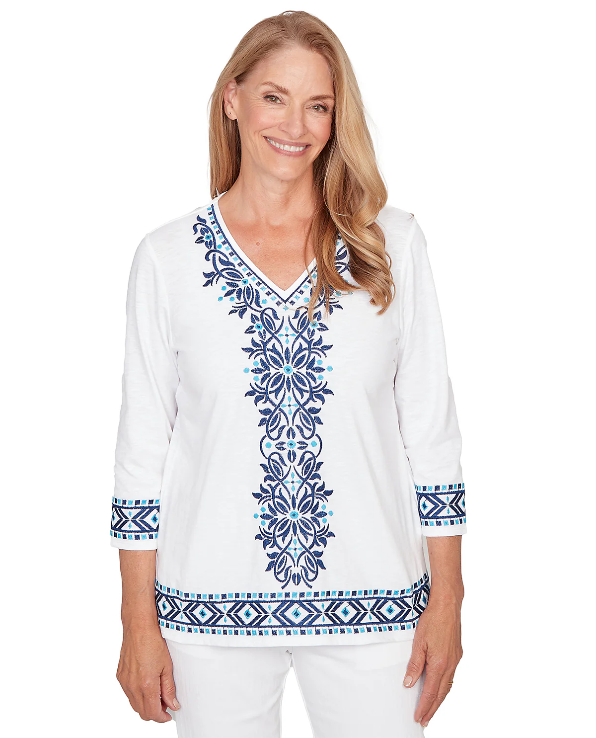 Alfred Dunner Petite Mykonos Scroll Center Embroidery Top White