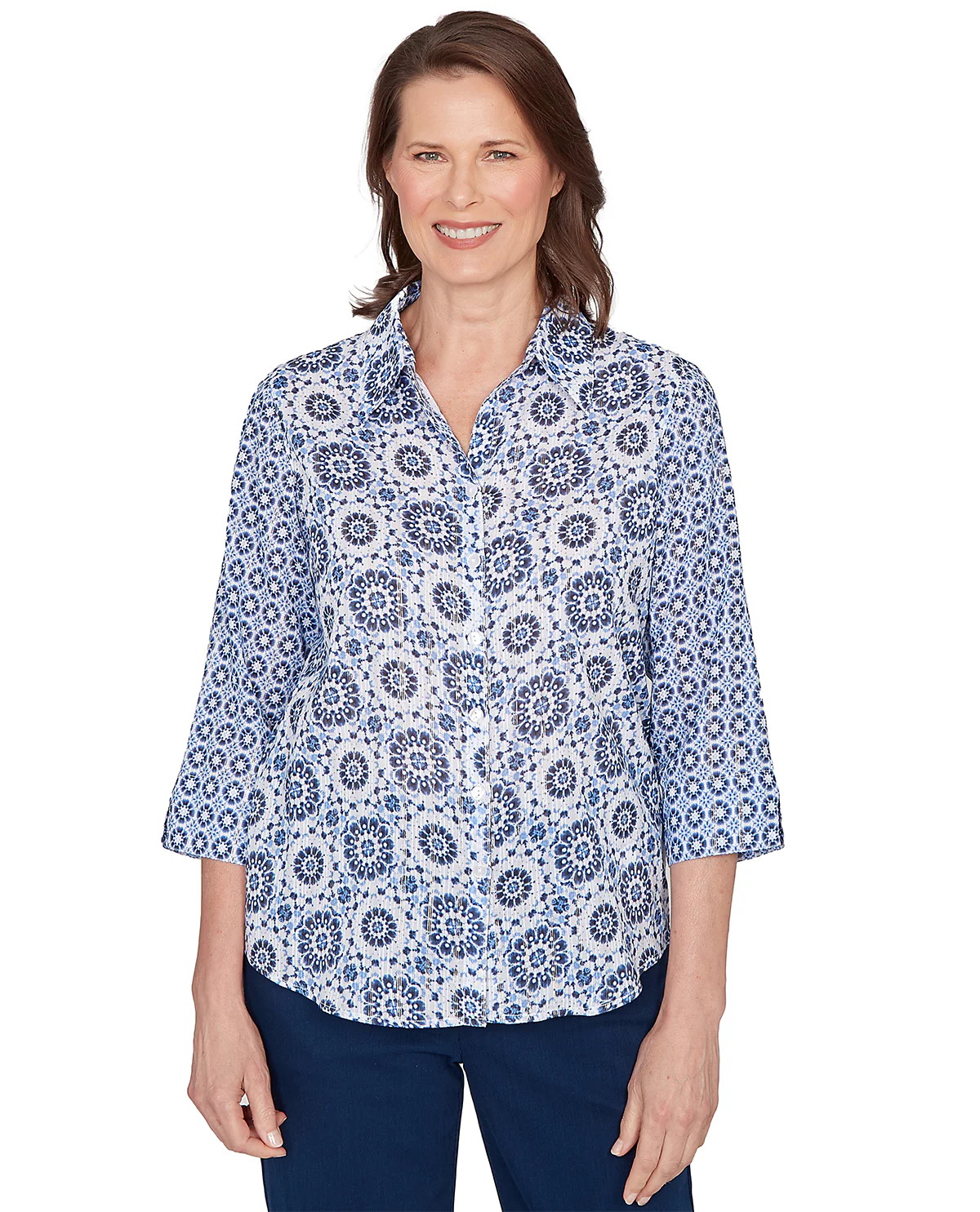 Alfred Dunner Petite Mykonos Twin Geo Woven Top Blue