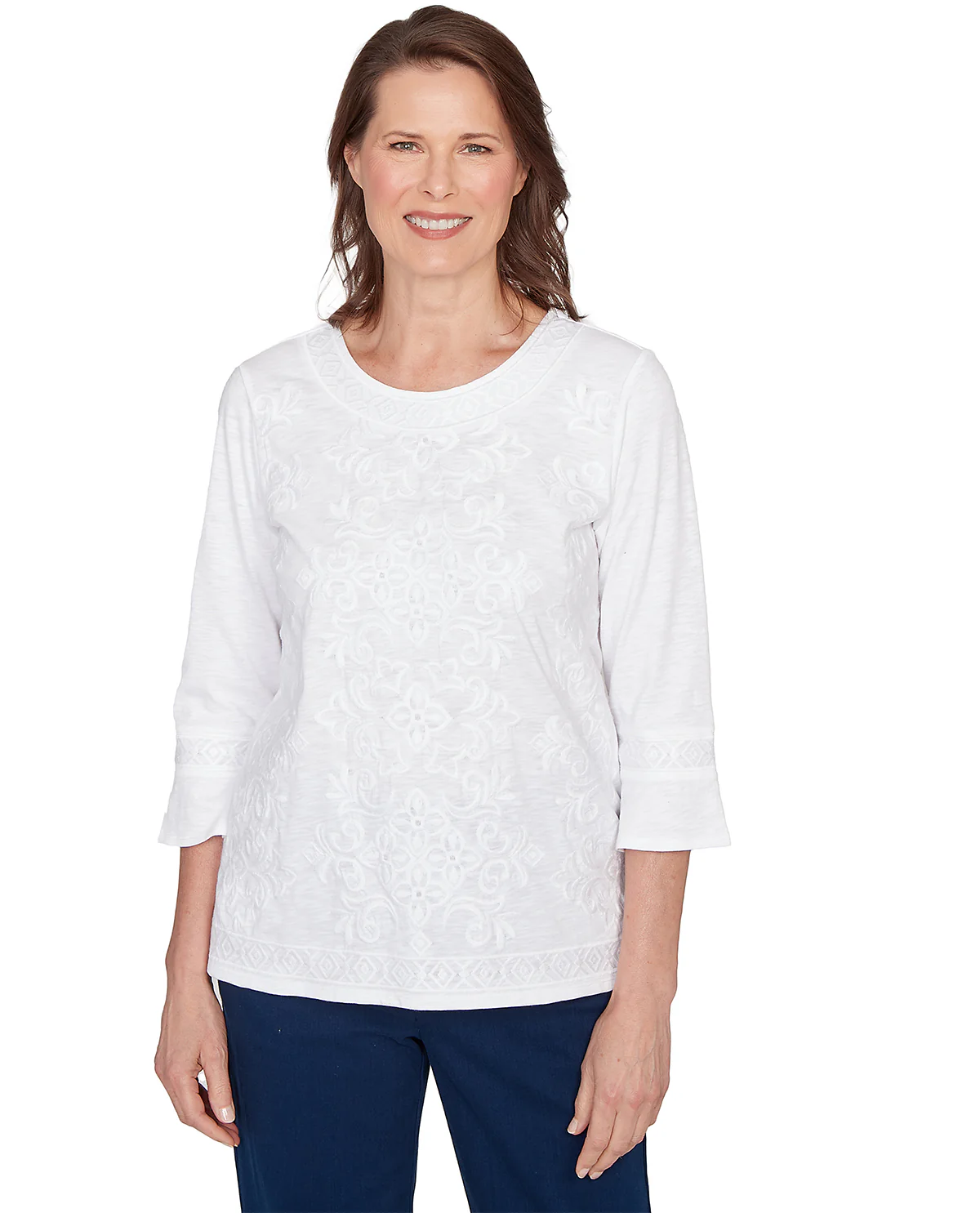 Alfred Dunner Petite Mykonos White Medallion Embroidery Top