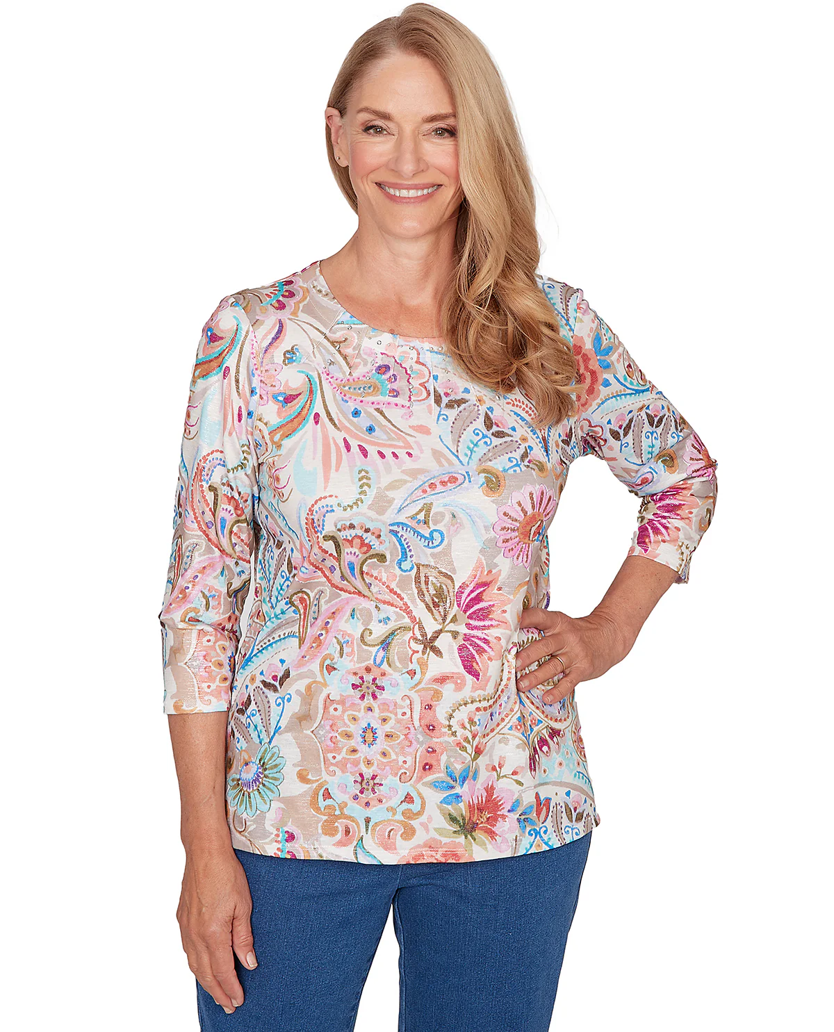 Alfred Dunner Pastel Story Paisley Floral Top Tan