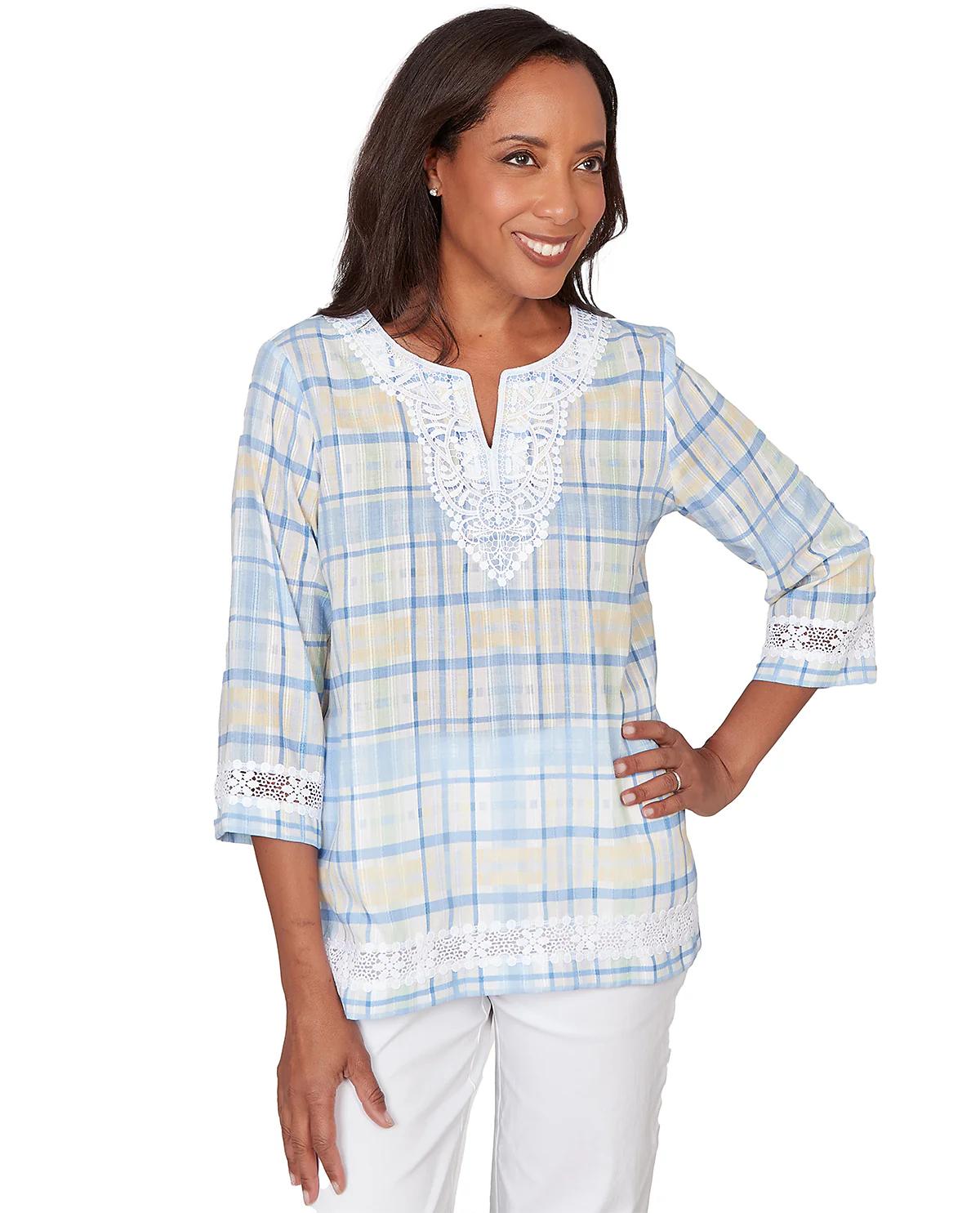 Alfred Dunner Pastel Story Plaid Lace Neck Top Blue