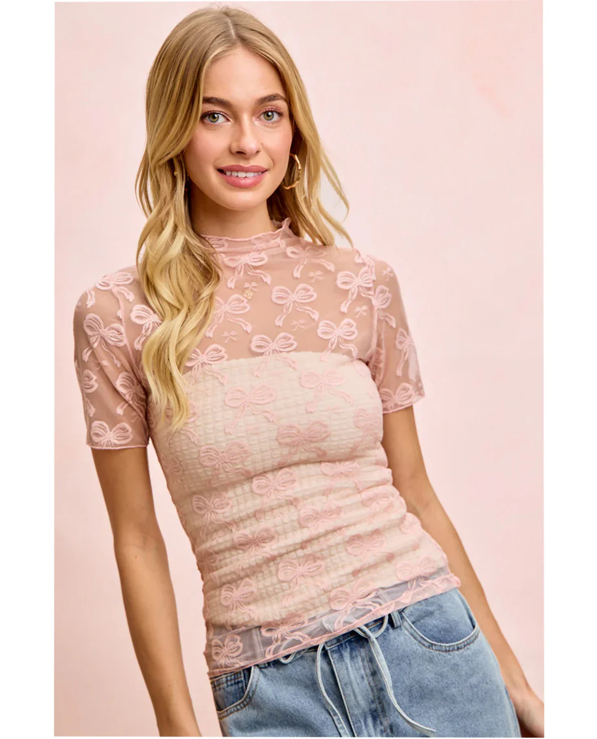 Bibi Bow Pattern Mesh Top