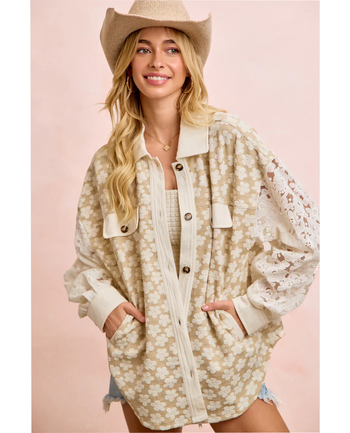 Bibi Floral Jacquard Shacket With Lace Sleeves Oatmeal