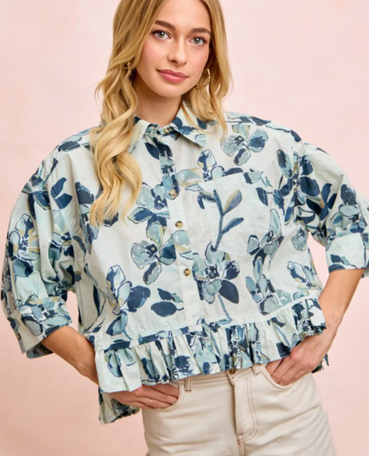 Bibi Floral Ruffle Hem Shirt Navy