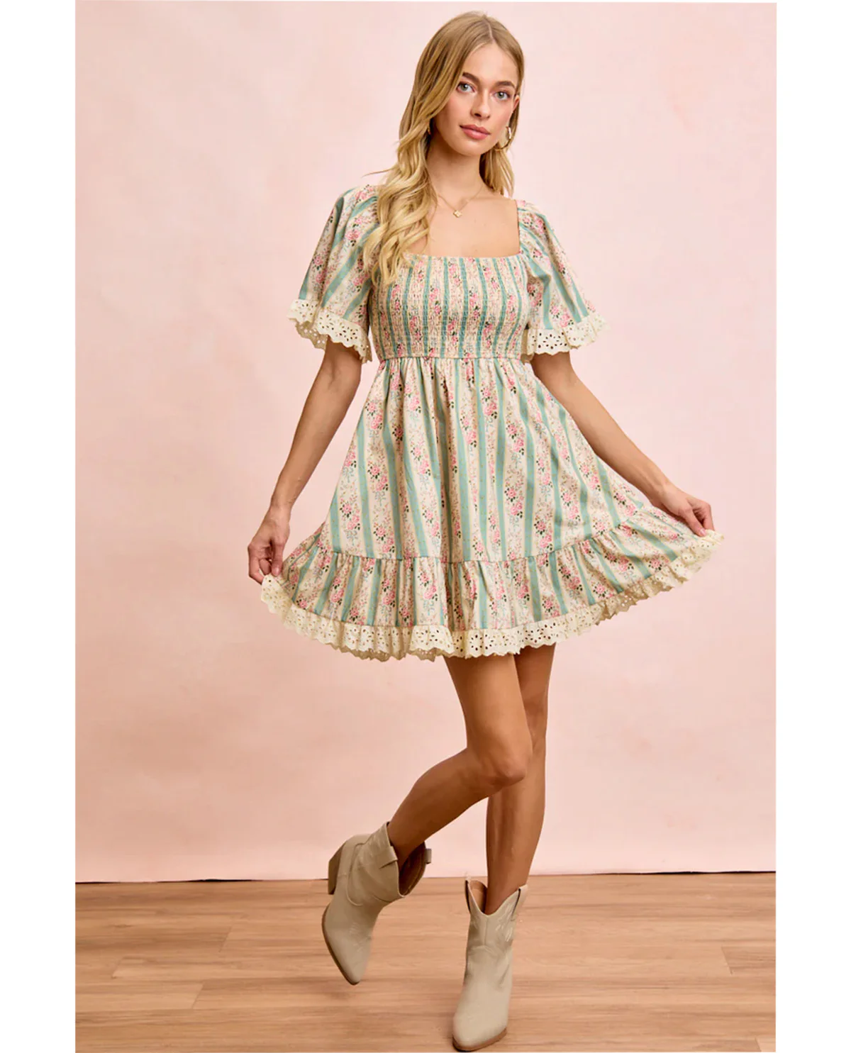 Bibi Stripe Floral Smocked Dress Teal