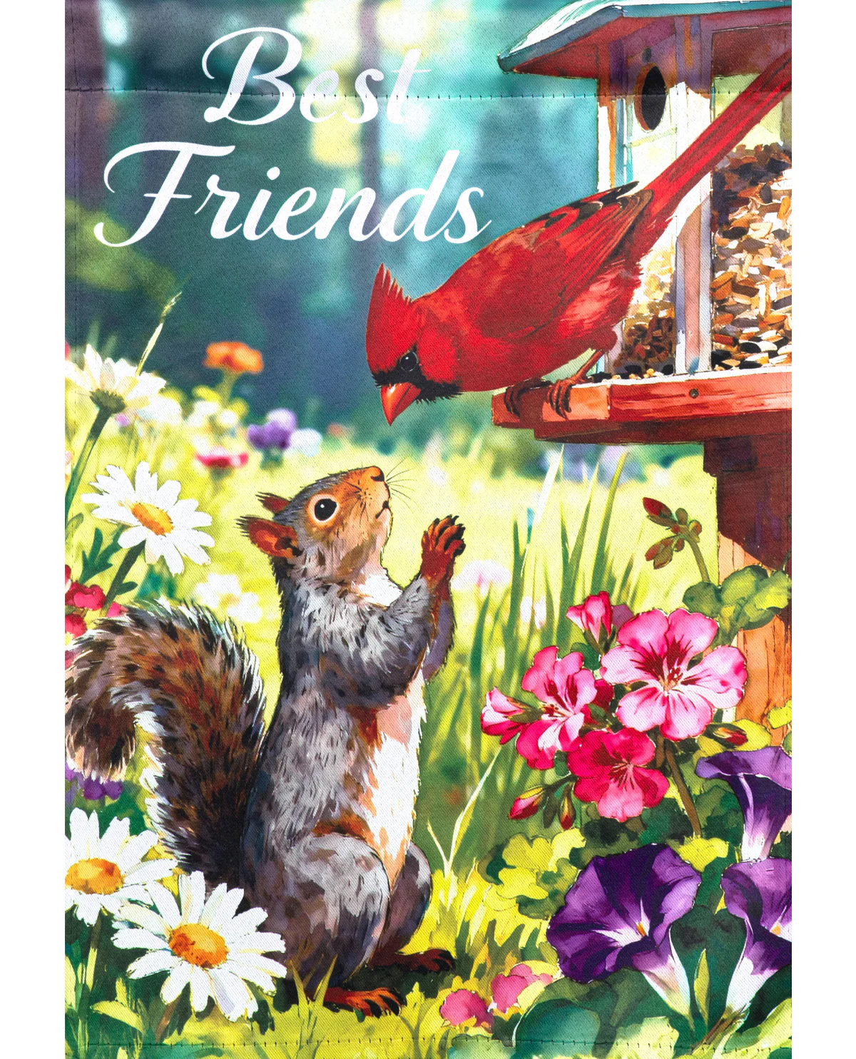 Cardinals And Squirrel Suede Garden Flag