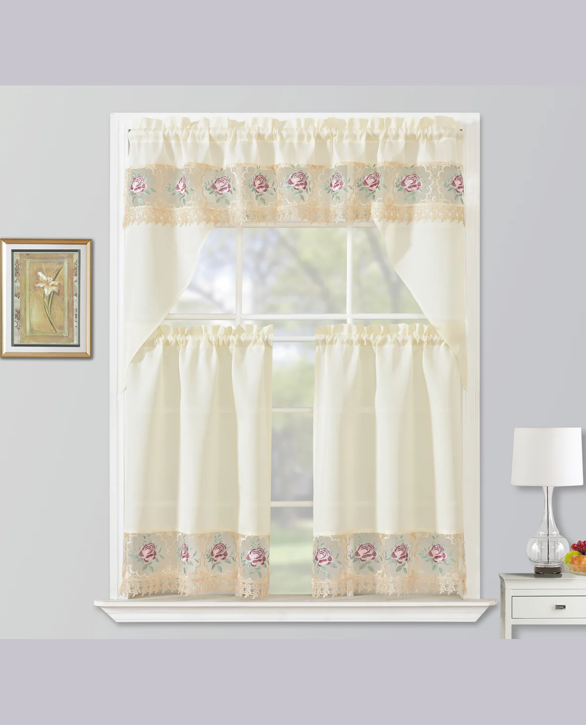 3pc Kitchen Tier & Swag Window Set Rose