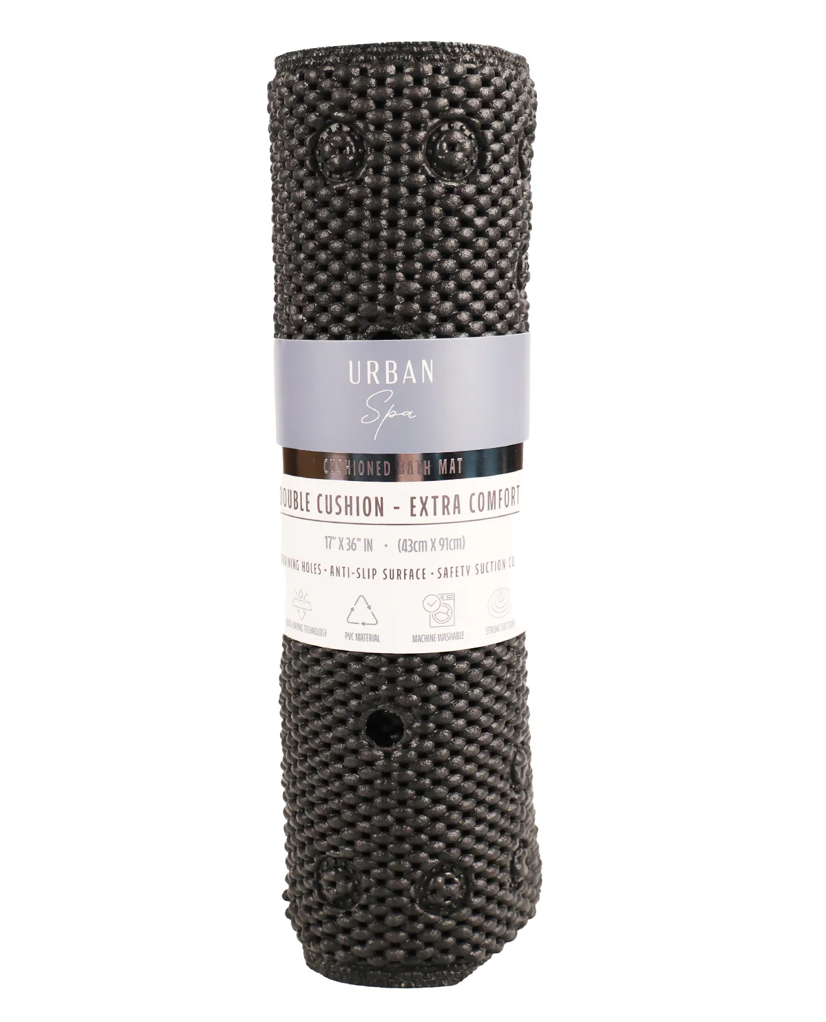 Double Cushioned Extra Long Bathtub Mat With Drain - Black