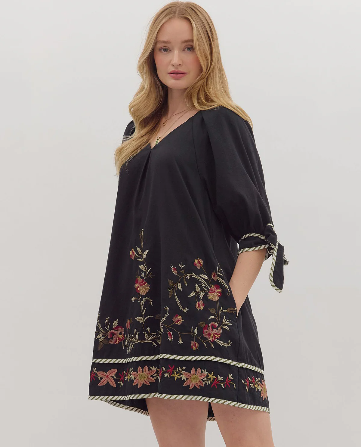 Entro 3/4 Sleeve Embroidered Dress with Tie Sleeve - Image 2