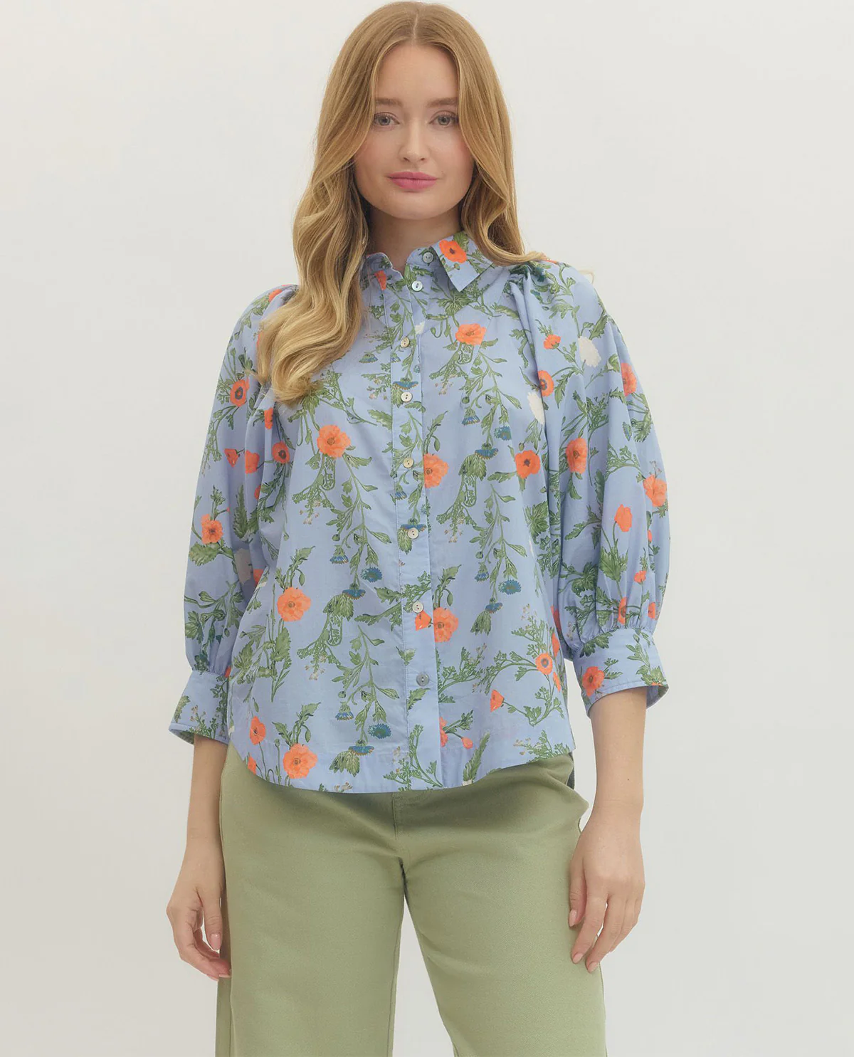 Entro 3/4 Sleeve Print Top Blue