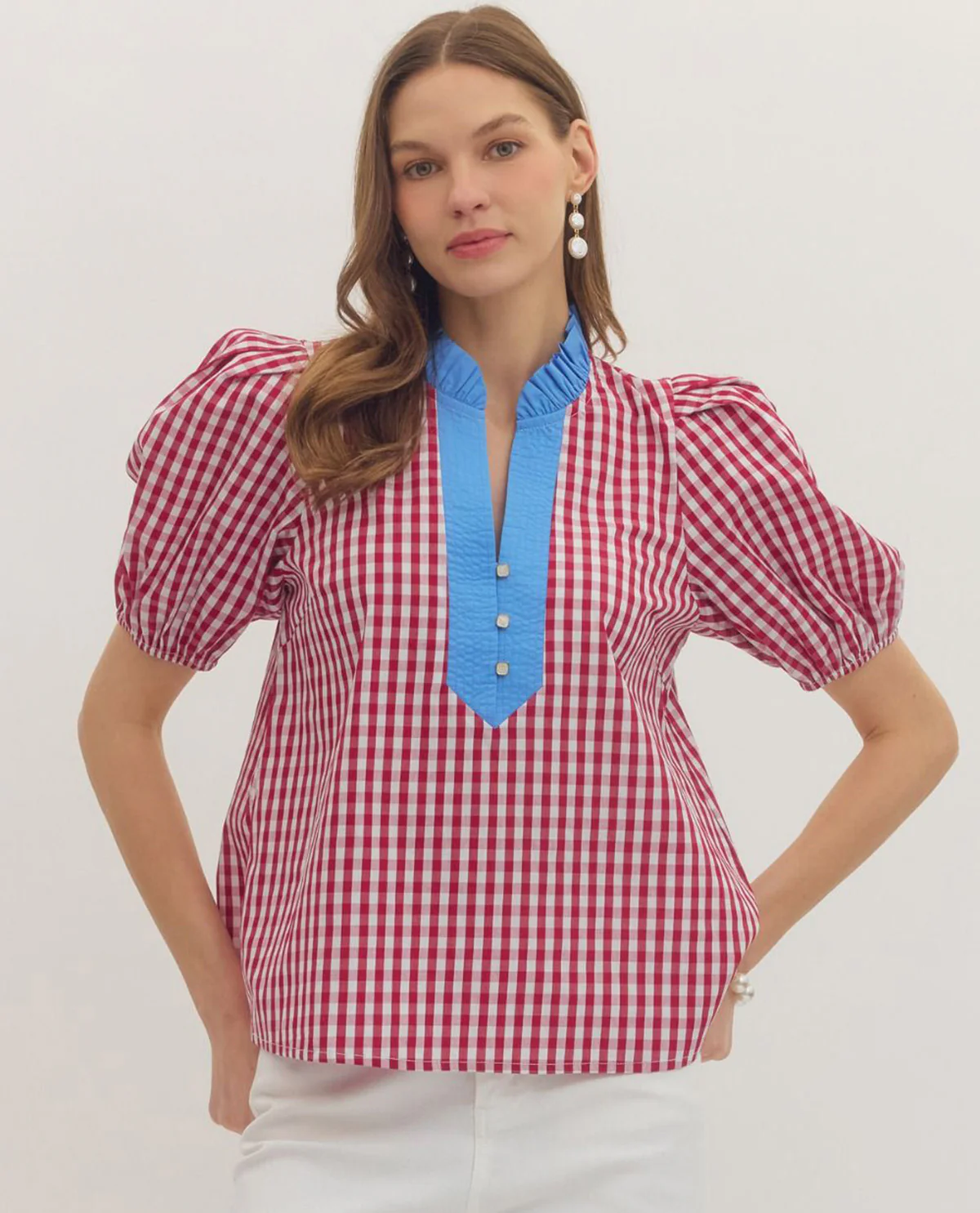 Entro Gingham Top With Solid Placket Red