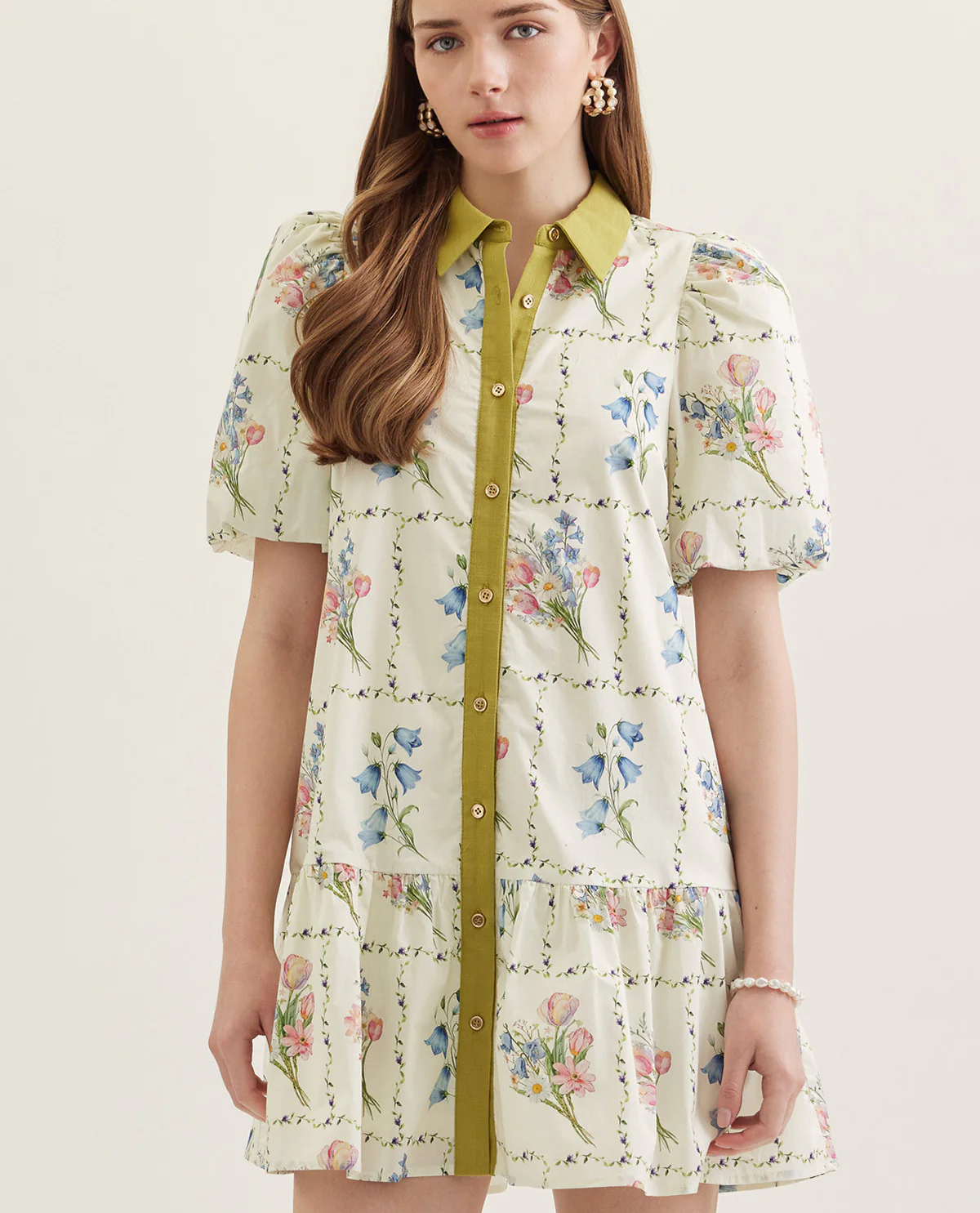 Entro Print Button Front Dress With Collar Ecru