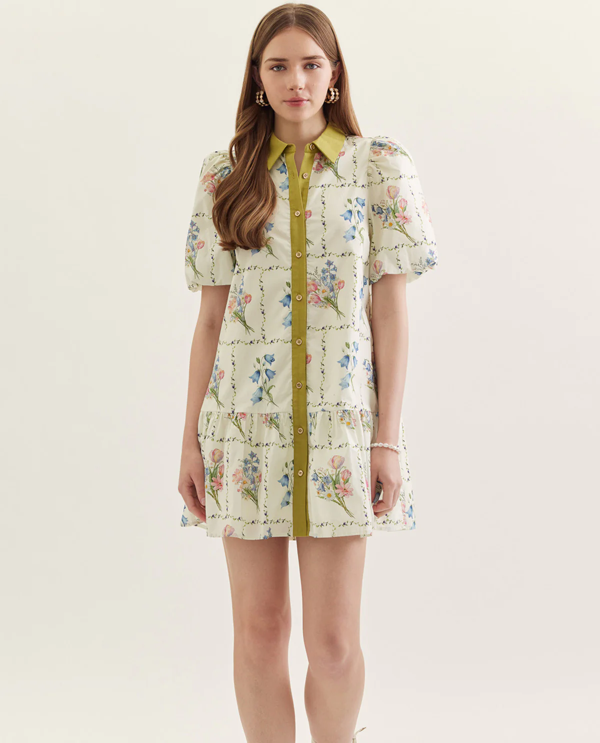 Entro Print Button Front Dress With Collar Ecru - Image 2