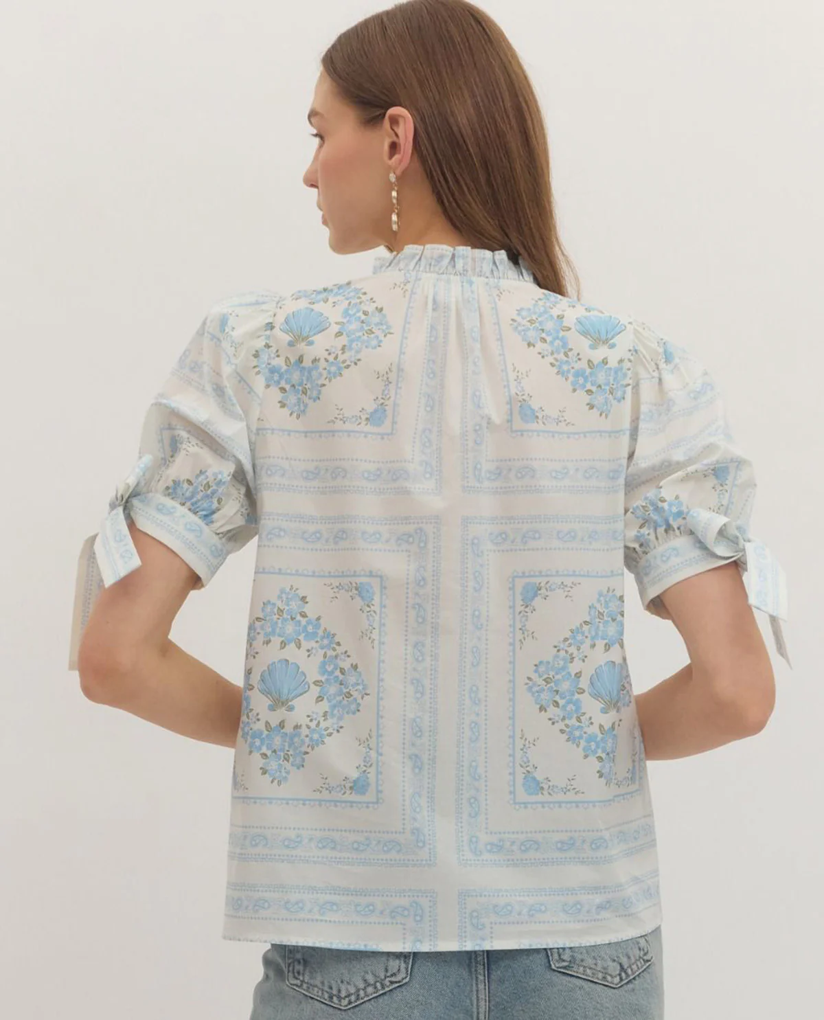 Entro Print Puff Sleeve Top With Tie Sleeve Detail Cream - Image 2