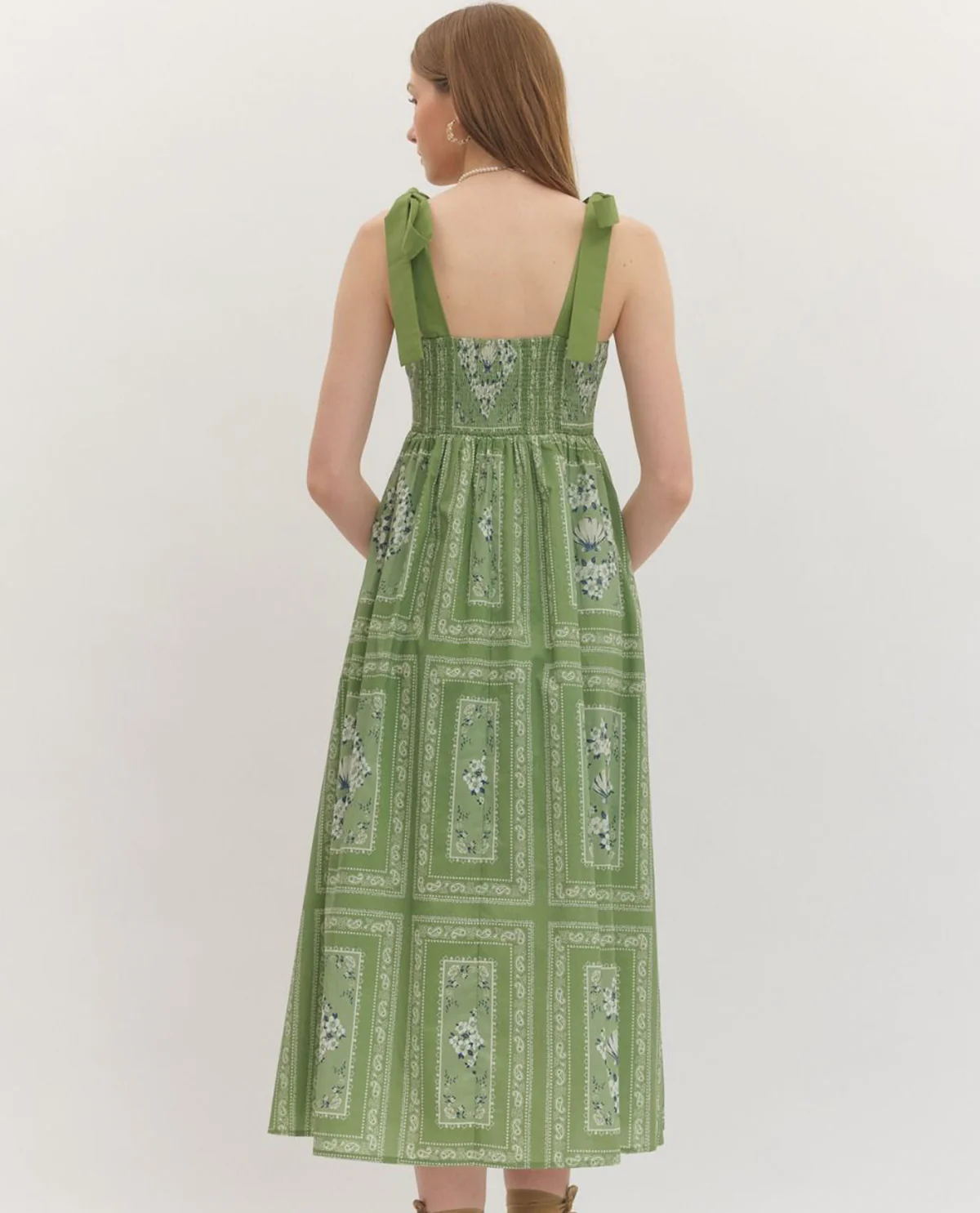 Entro Print Sleevless Dress With Wide Straps Matcha - Image 2