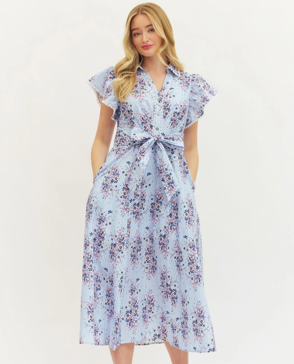 Entro Print Tie Waist Dress Blue