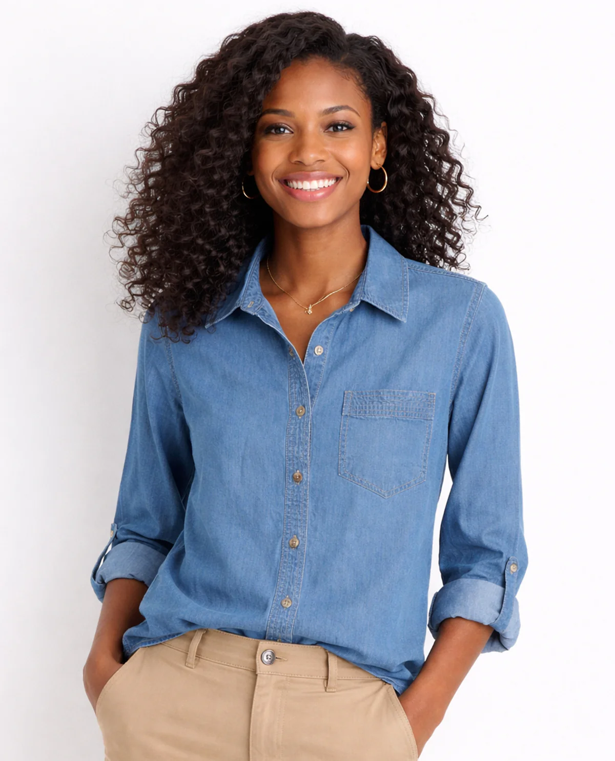Hope & Harlow Tencel Roll Sleeve Top Medium Wash