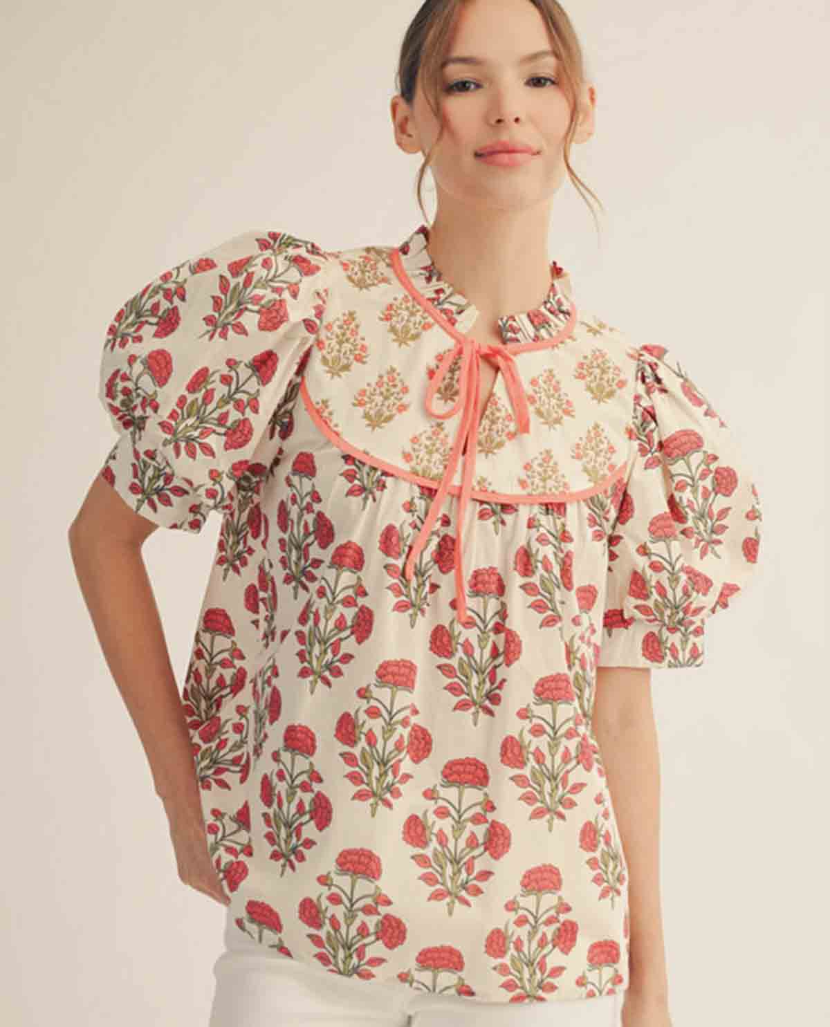 Jodifl Mixed Print Puff Sleeve Top Berry