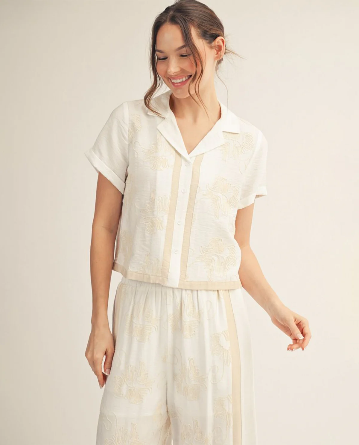Jodifl Print Button Front Top With Solid Trim Off White
