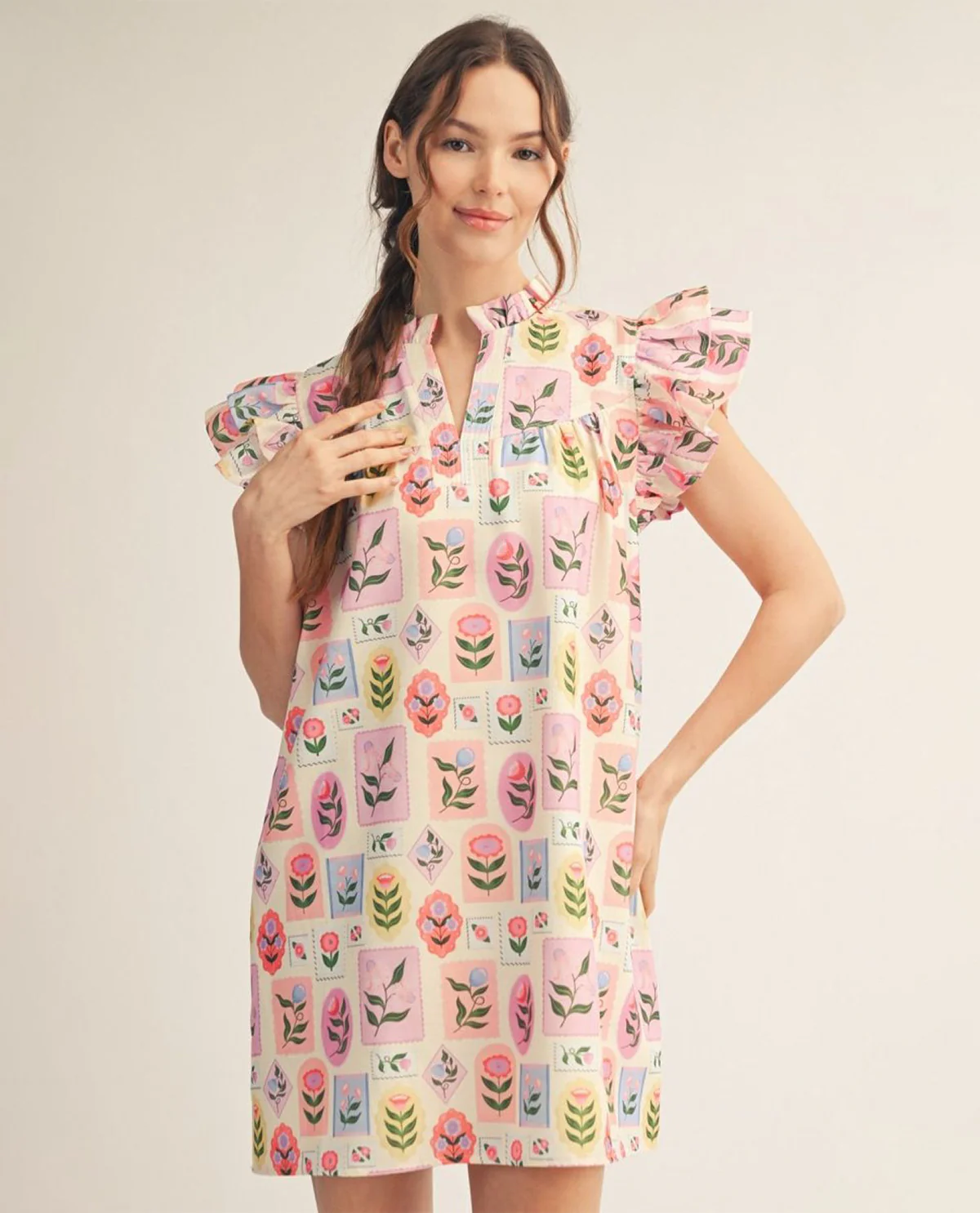 Jodifl Print Flutter Sleeve Floral Print Dress Cream