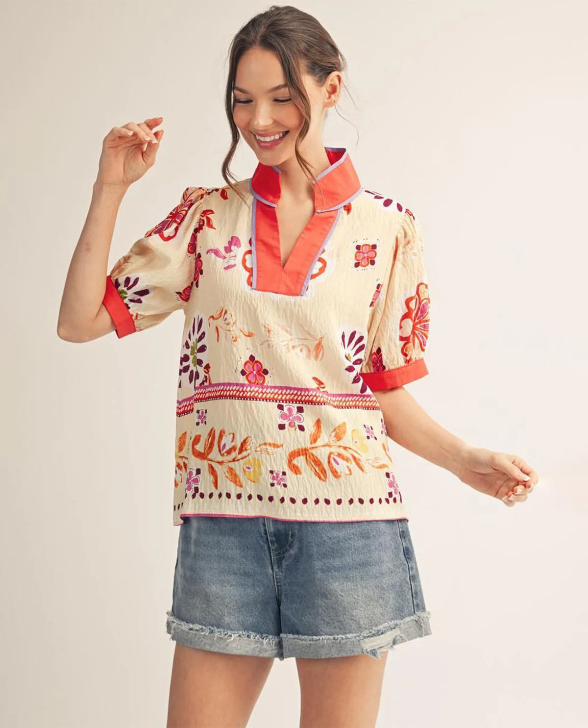Jodifl Print Top With Solid Trim