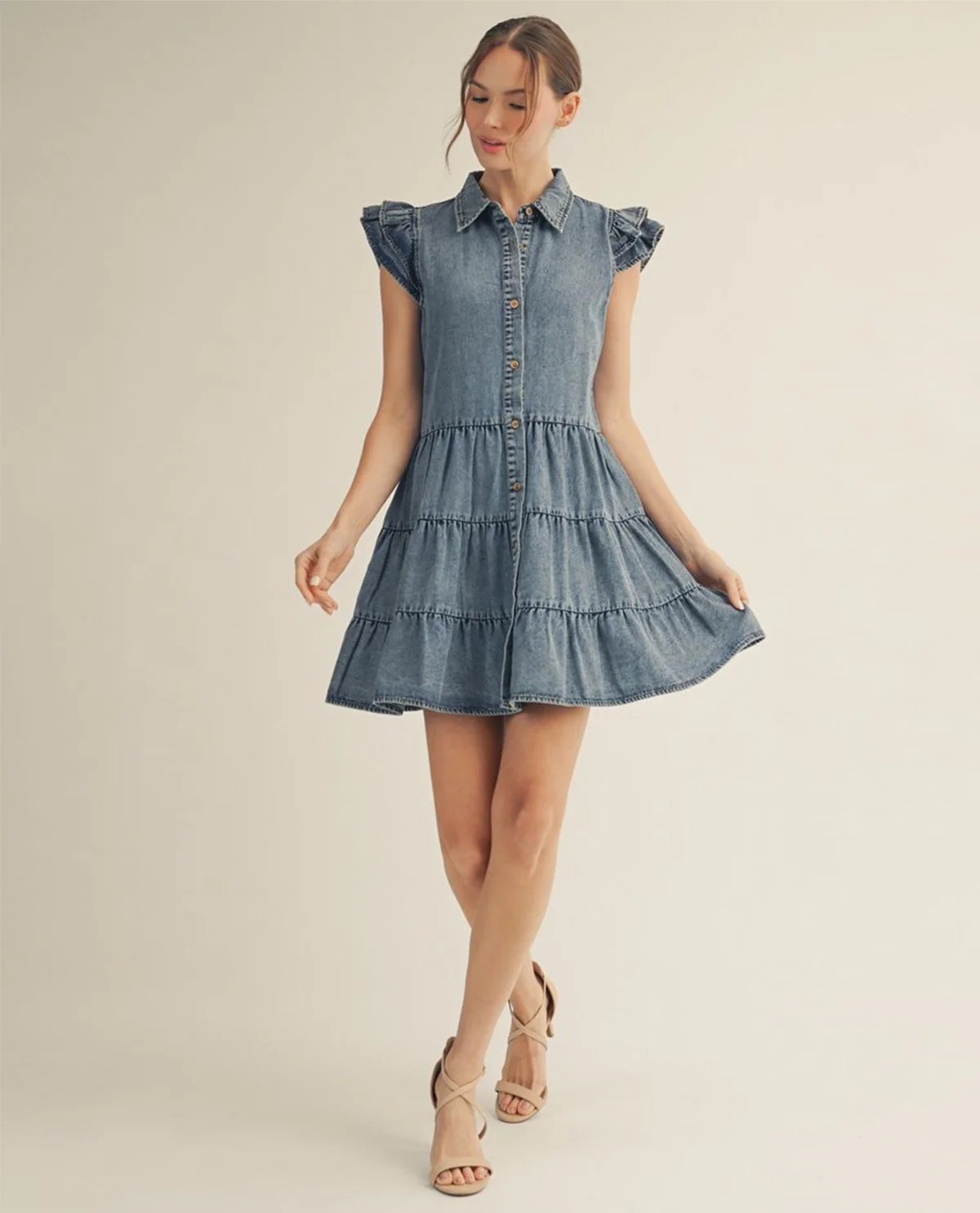 Jodifl Ruffle Sleeves Tiered Denim Dress