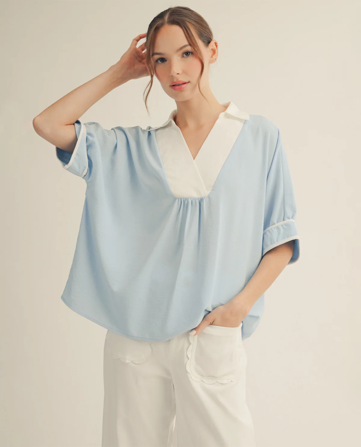 Jodifl Solid Collar Dolman With Contrast Trim Blue