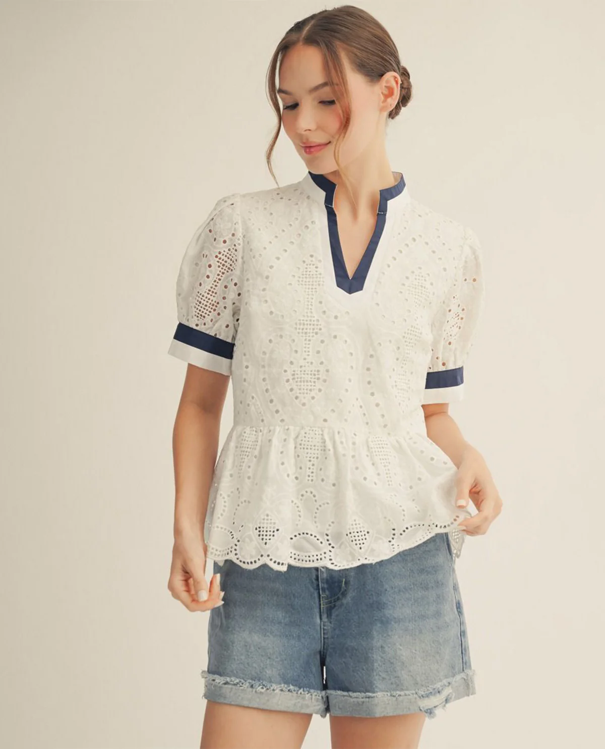 Jodifl Standing Neck Eyelet Peplum Top Off White