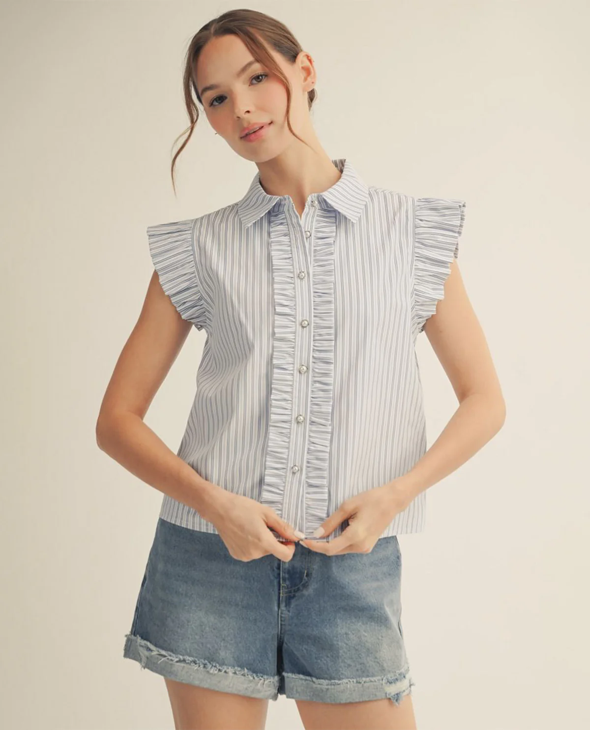 Jodifl Stripe Button Front Top With Ruffle Sleeves White