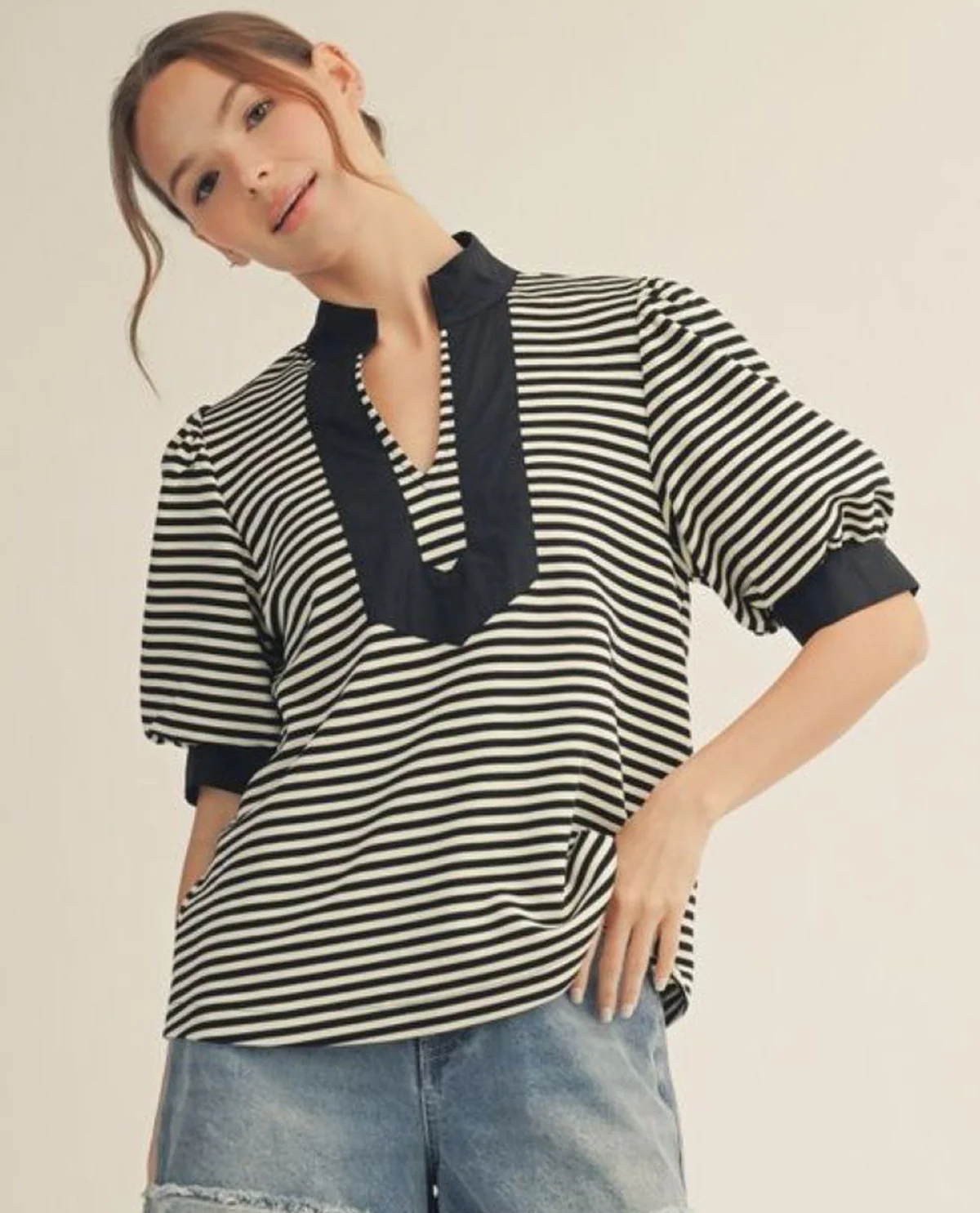 Jodifl Stripe Top With Solid Contrast Trim